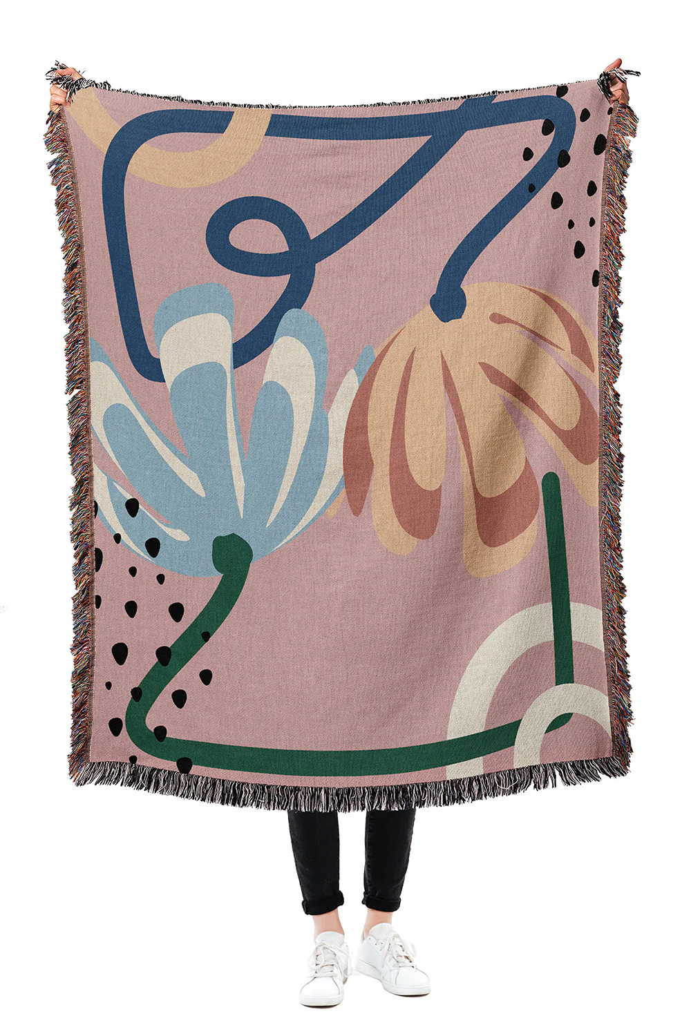 Abstract Floral Pink Cotton Woven Throw Blanket - Image 5