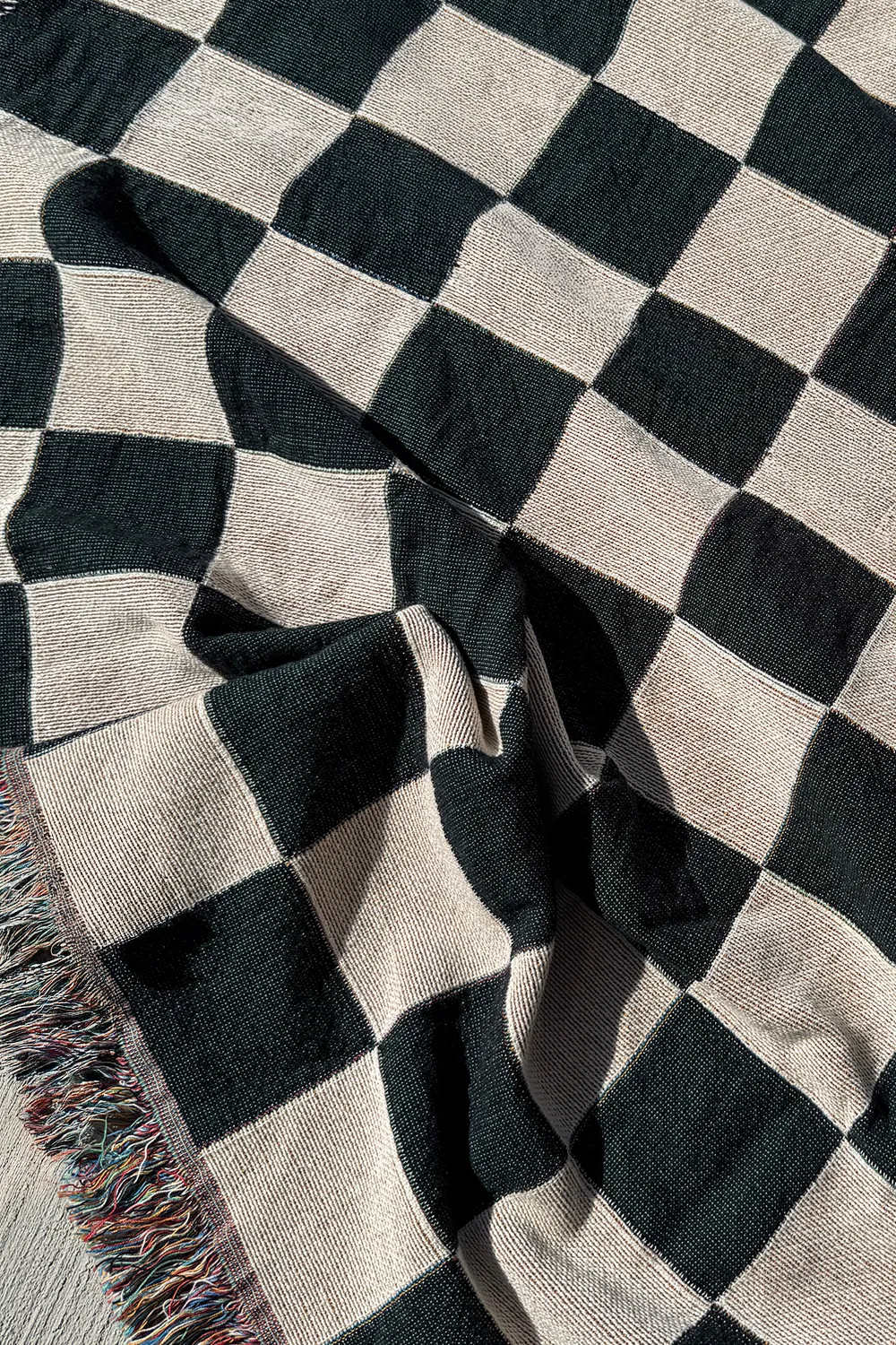 Black and White Checkered Cotton Woven Blanket - Image 2
