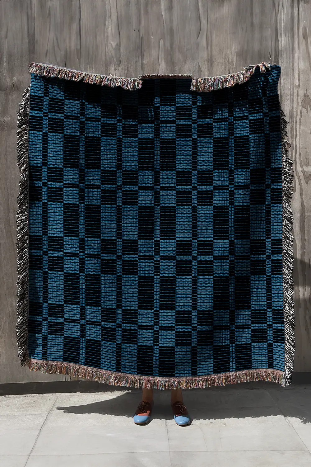 Blue and Navy Plaid Cotton Woven Throw Blanket - Image 2