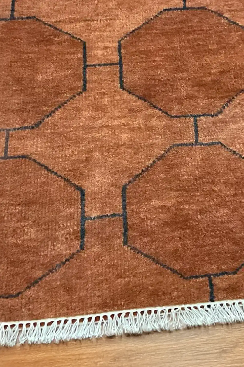 Brown Octagon Link Hand Knotted Wool Runner Rug - Image 3