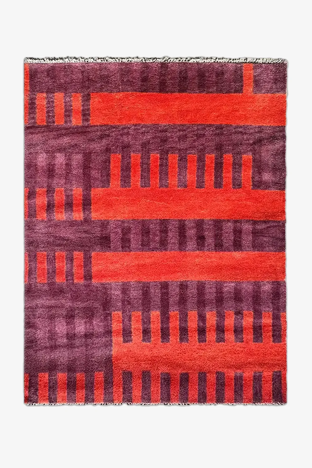 Purple and Burnt Orange Geometric Stripe Hand-Knotted Wool Rug 5x7