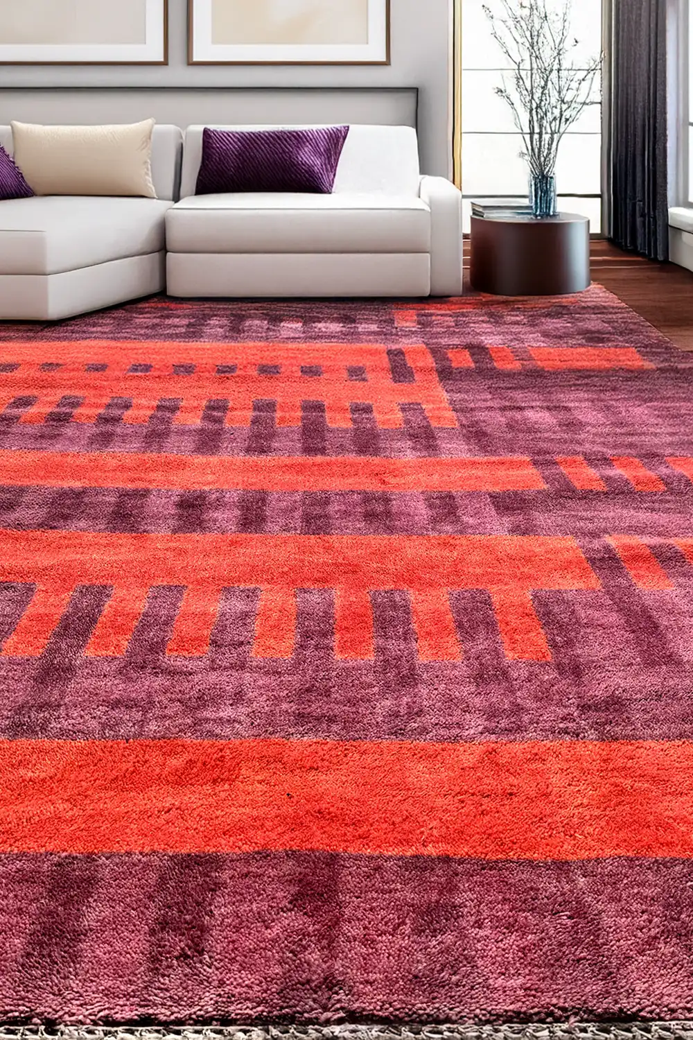 Purple and Burnt Orange Geometric Stripe Hand-Knotted Wool Rug 5x7 - Image 2
