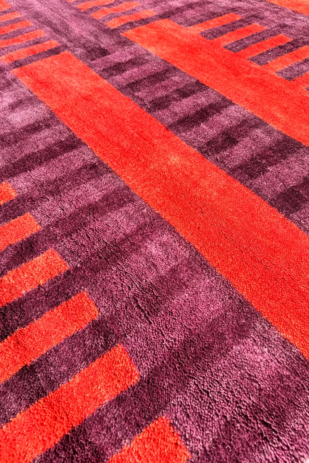 Purple and Burnt Orange Geometric Stripe Hand-Knotted Wool Rug 5x7 - Image 5