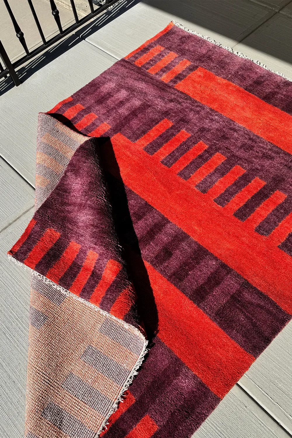 Purple and Burnt Orange Geometric Stripe Hand-Knotted Wool Rug 5x7 - Image 6