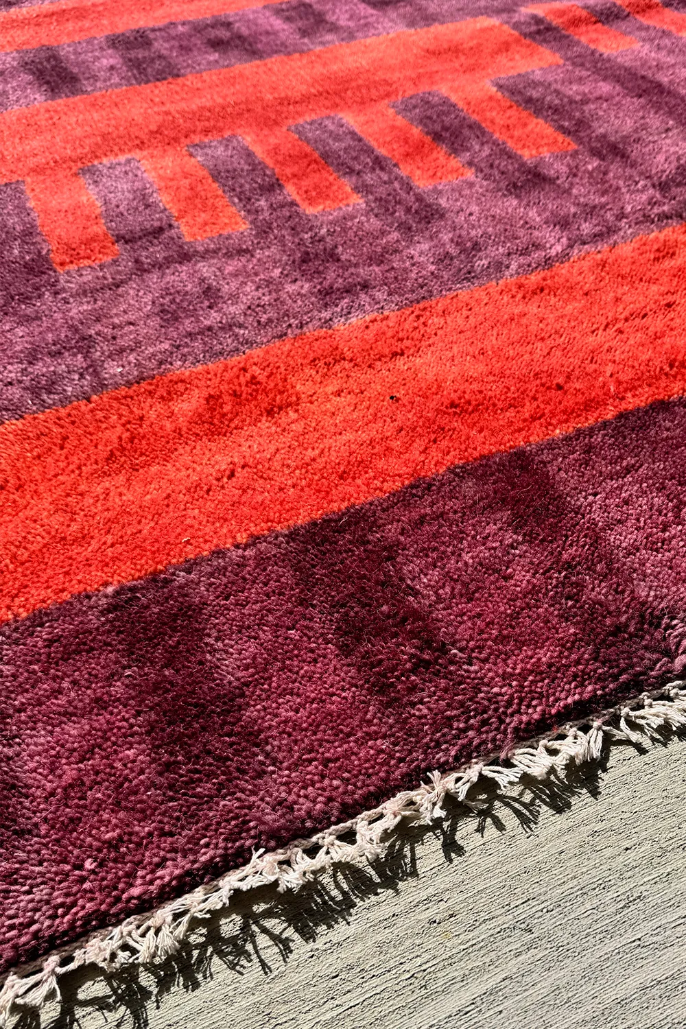 Purple and Burnt Orange Geometric Stripe Hand-Knotted Wool Rug 5x7 - Image 9
