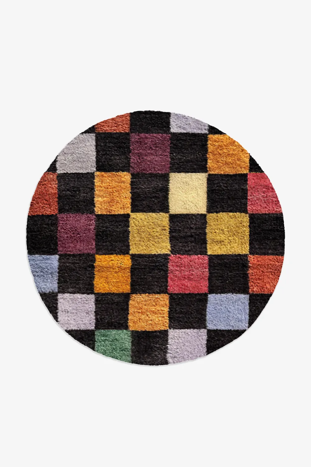 Colorful Checkered Round Hand-Knotted Wool Rug
