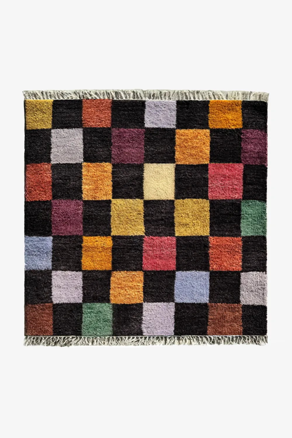Colorful Checkered Square Hand-Knotted Wool Rug