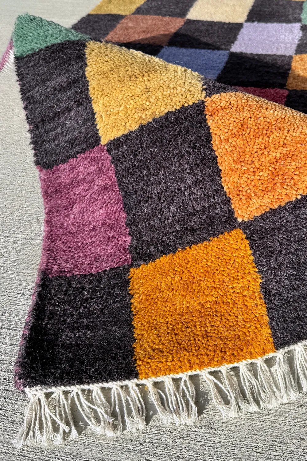 Colorful Checkered Hand-Knotted Wool Rug - Image 3