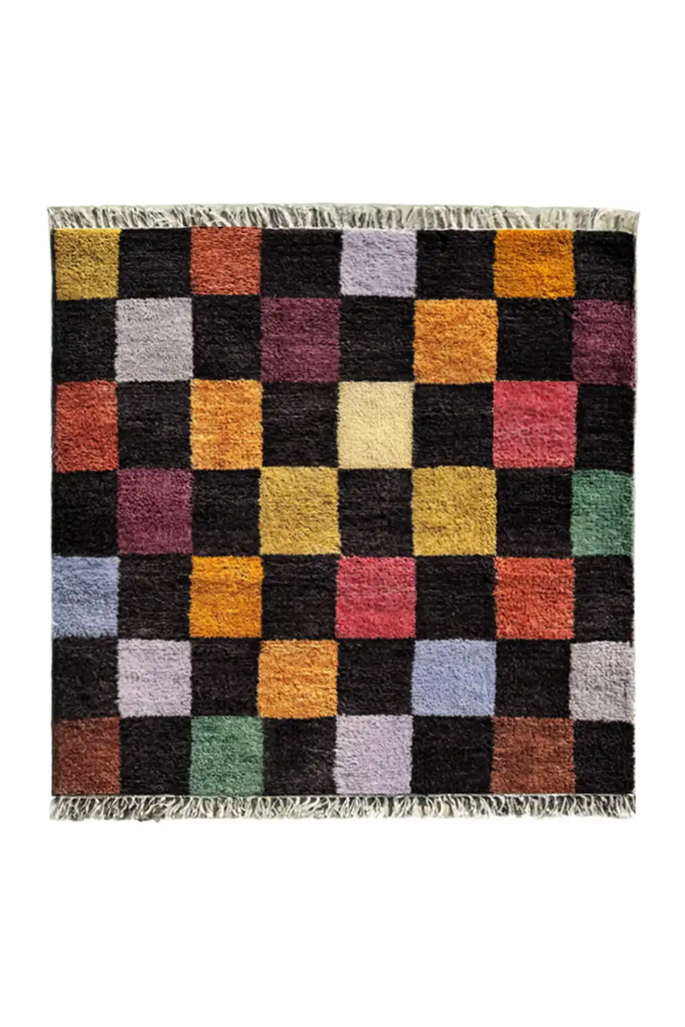 Colorful Checkered Square Hand-Knotted Wool Rug - Image 7