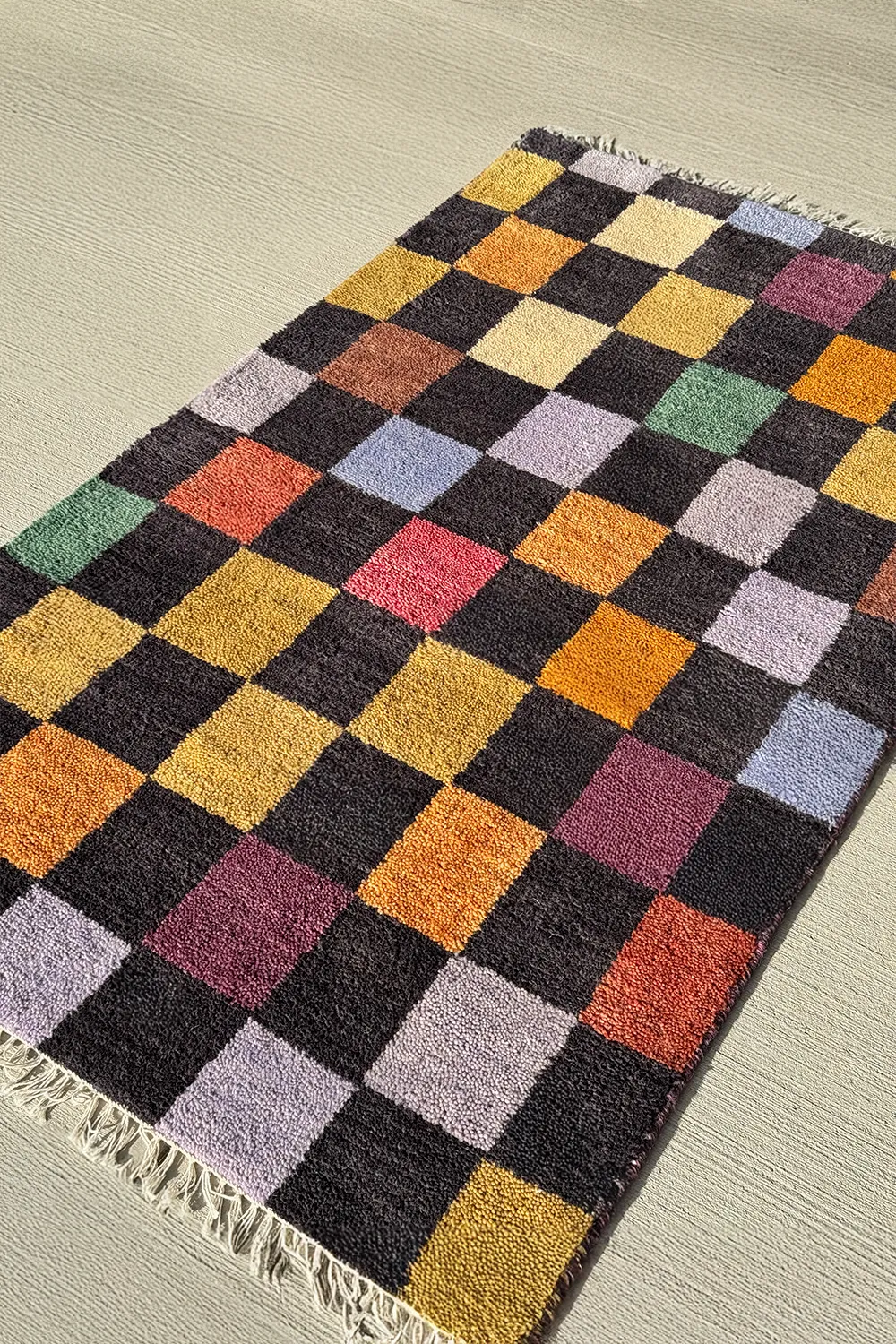 Colorful Checkered Hand-Knotted Wool Rug - Image 4