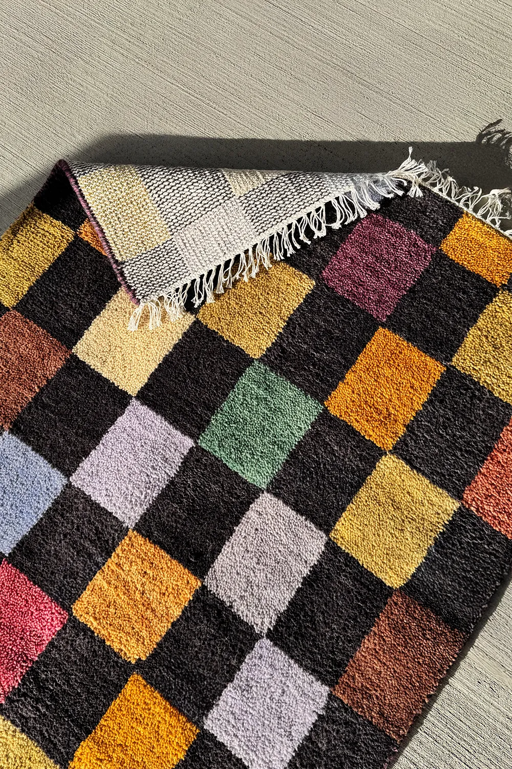 Colorful Checkered Hand-Knotted Wool Rug - Image 6