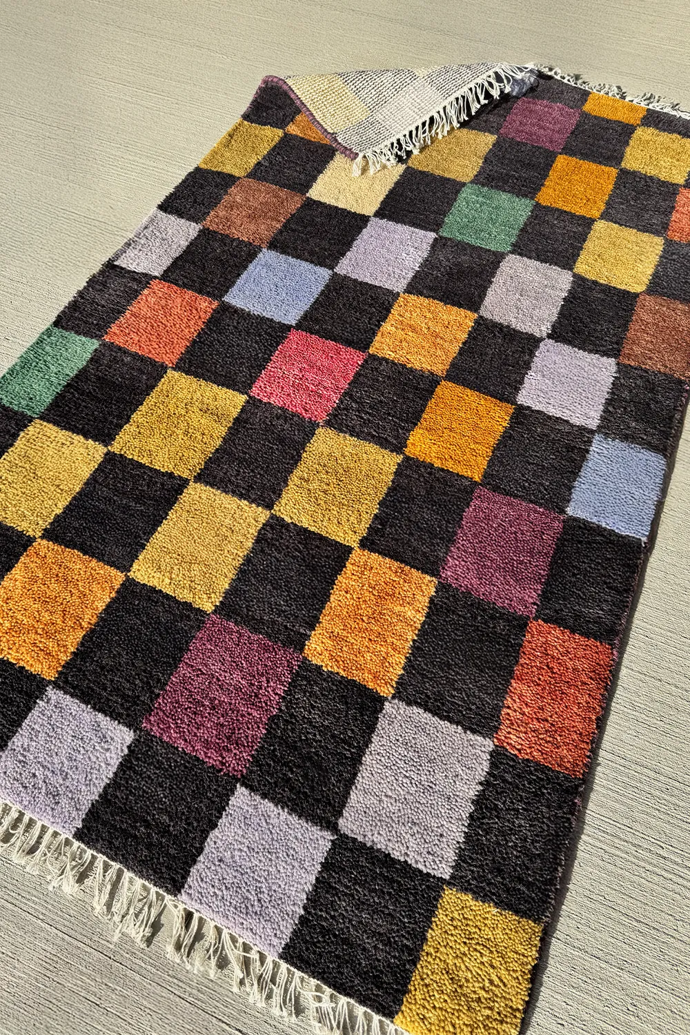 Colorful Checkered Hand-Knotted Wool Rug - Image 8