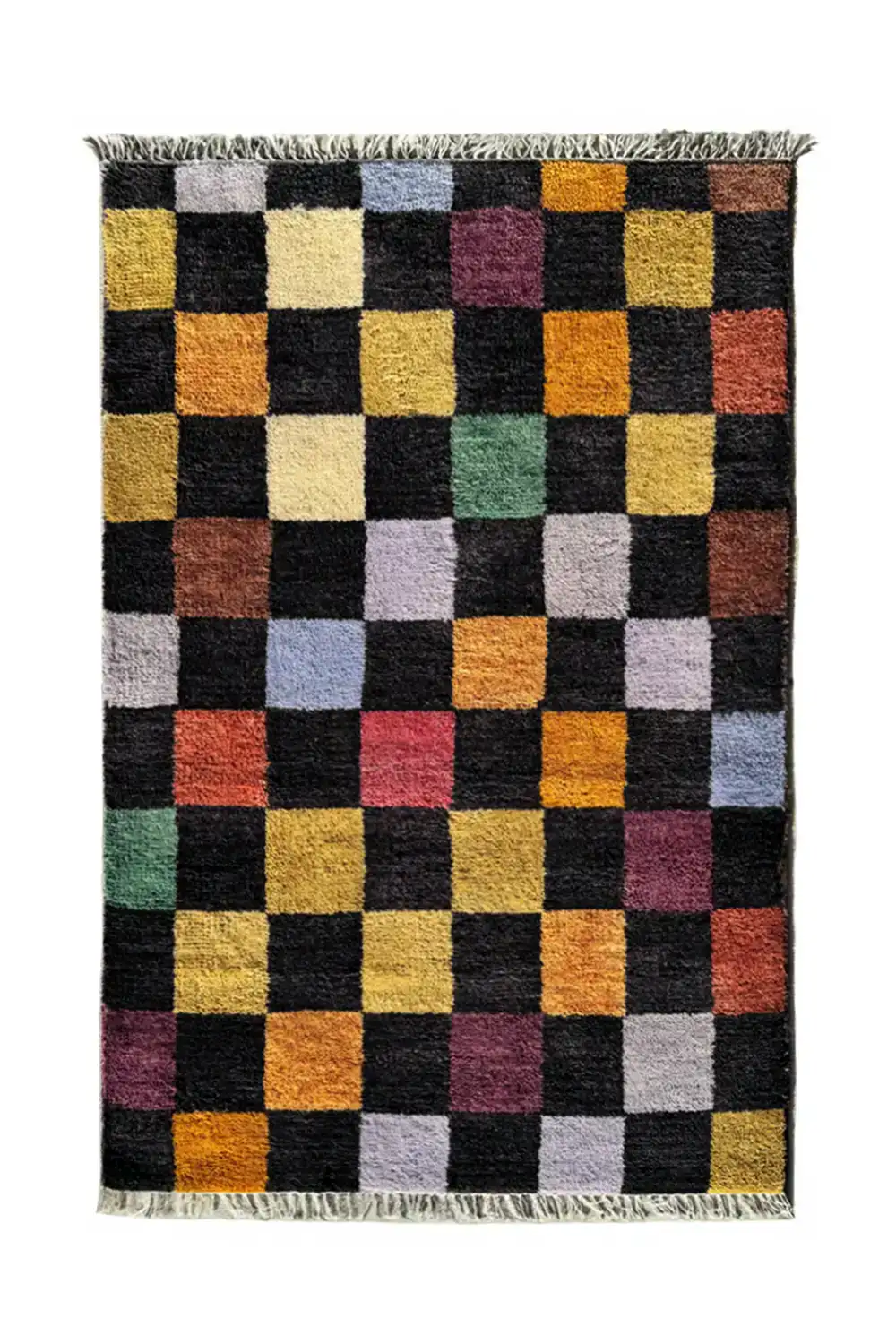 Colorful Checkered Hand-Knotted Wool Rug - Image 9