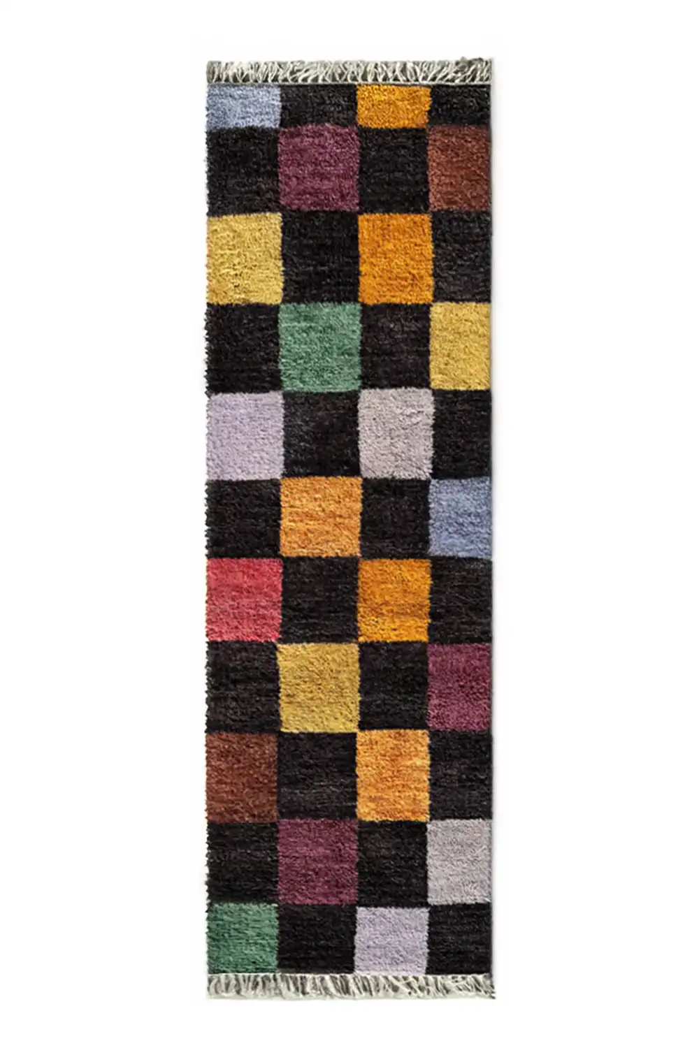 Colorful Checkered Hand-Knotted Wool Runner Rug - Image 5