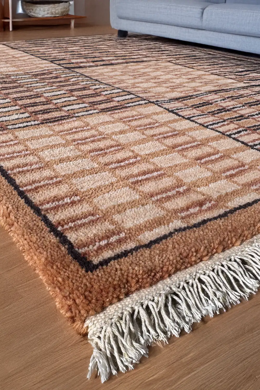 Brown and Tan Checkered Grid Hand-Knotted Wool Rug - Image 3