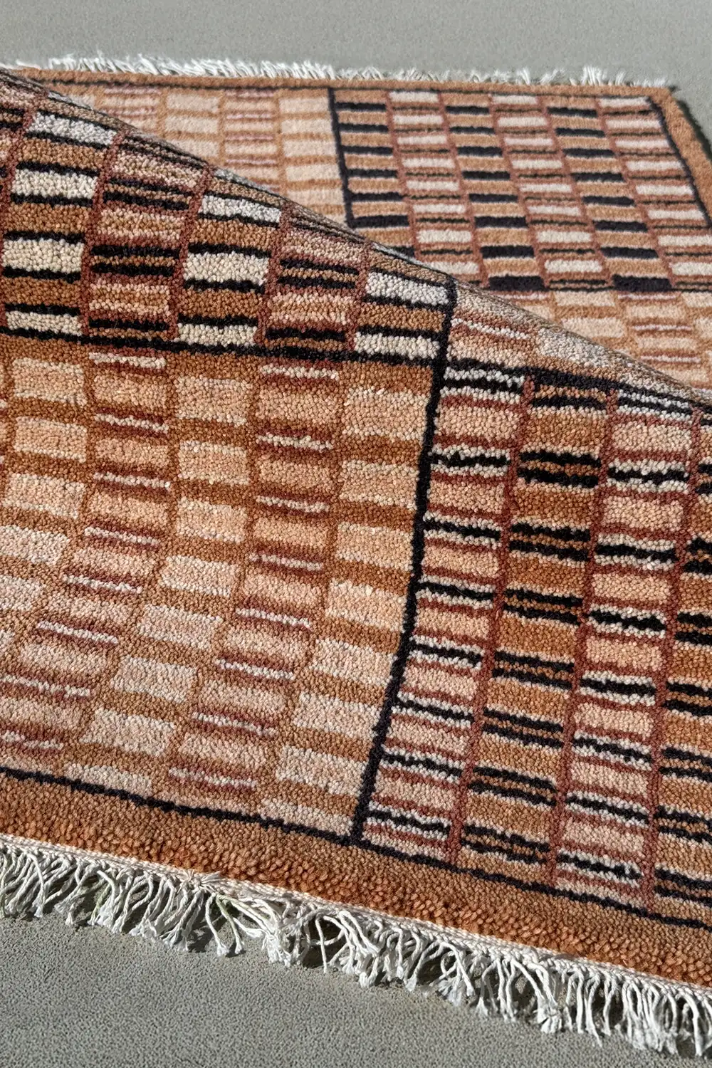 Brown and Tan Checkered Grid Hand-Knotted Wool Rug - Image 4