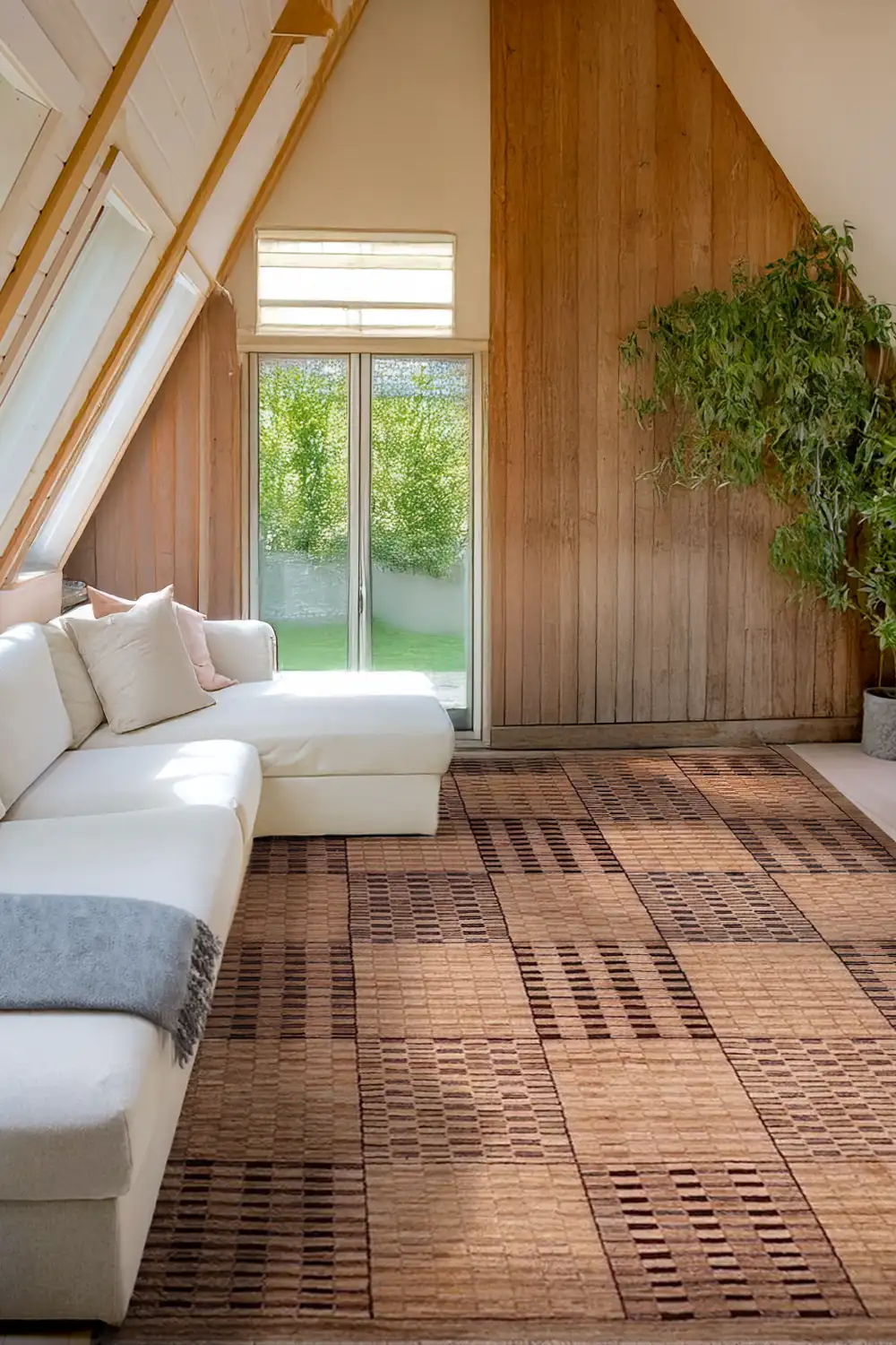 Brown and Tan Checkered Grid Hand-Knotted Wool Rug - Image 5