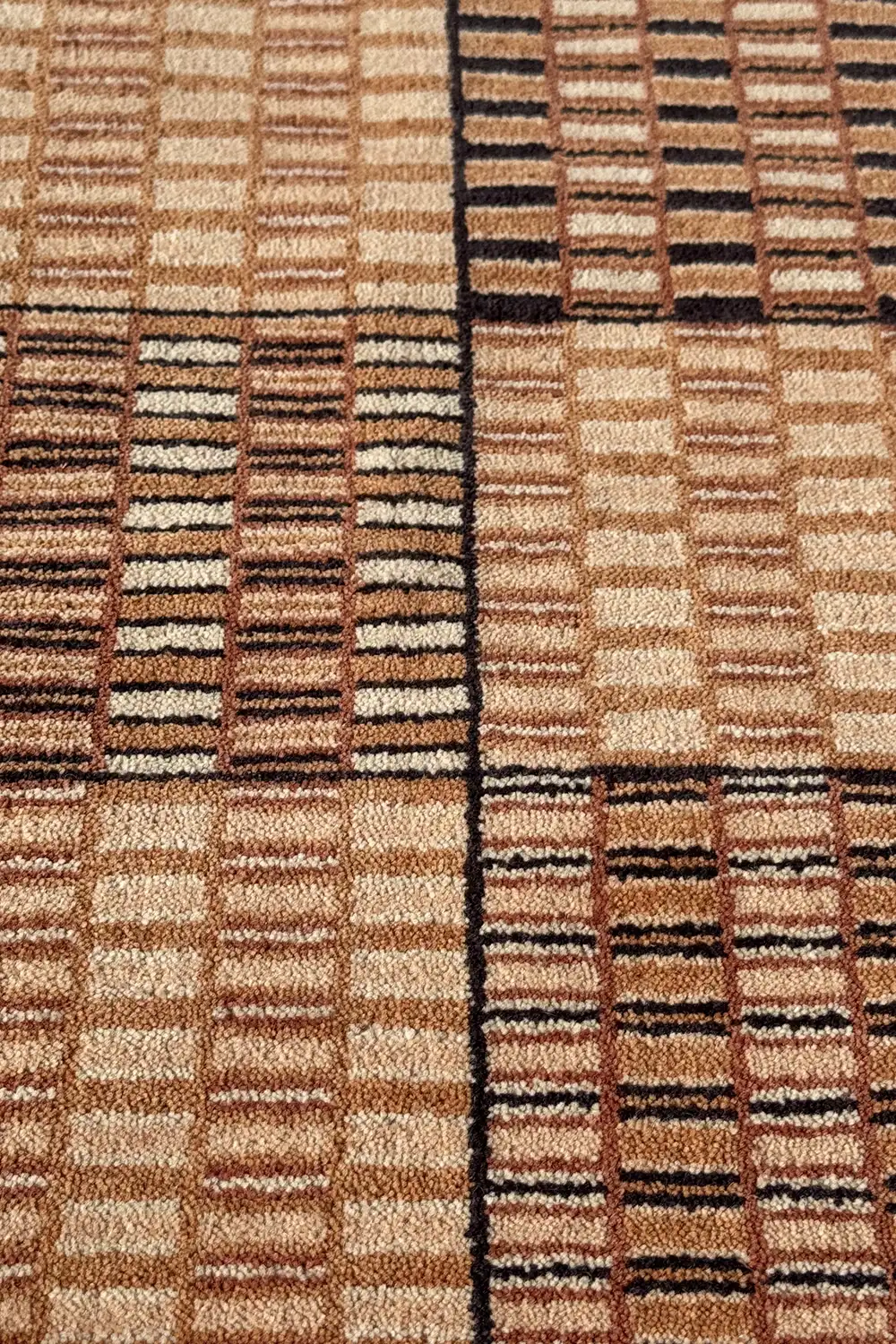 Brown and Tan Checkered Grid Hand-Knotted Wool Rug - Image 6