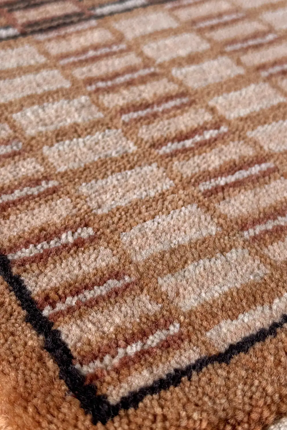 Brown and Tan Checkered Grid Hand-Knotted Wool Rug - Image 7
