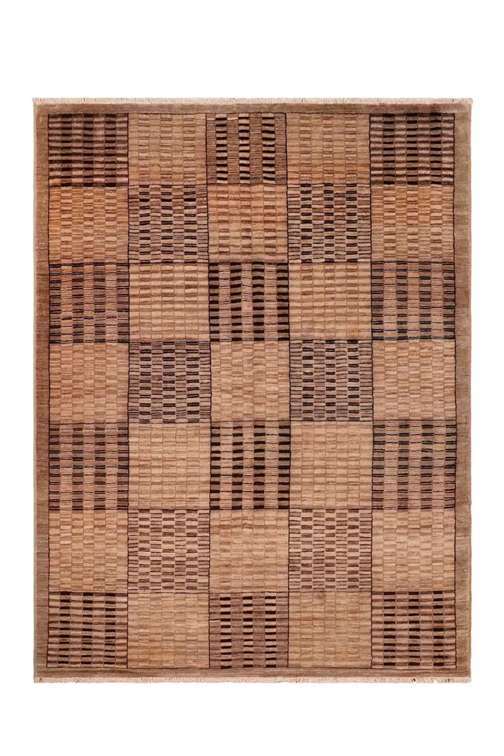 Brown and Tan Checkered Grid Hand-Knotted Wool Rug - Image 9