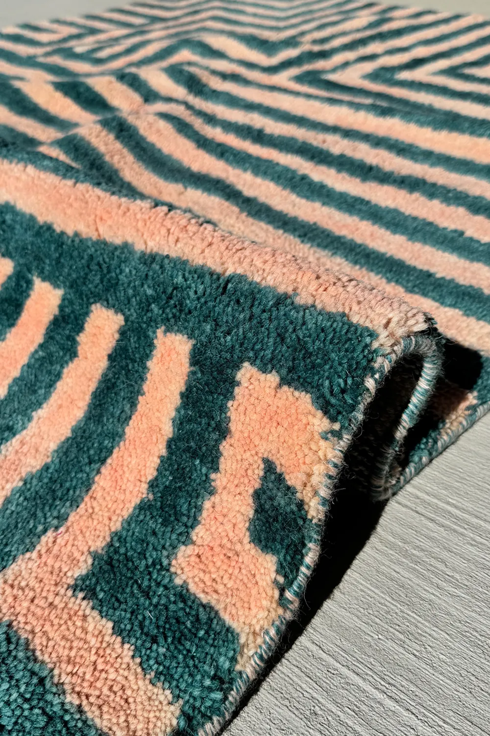 Green and Peach Maze Moroccan Shag Wool Rug - Image 6