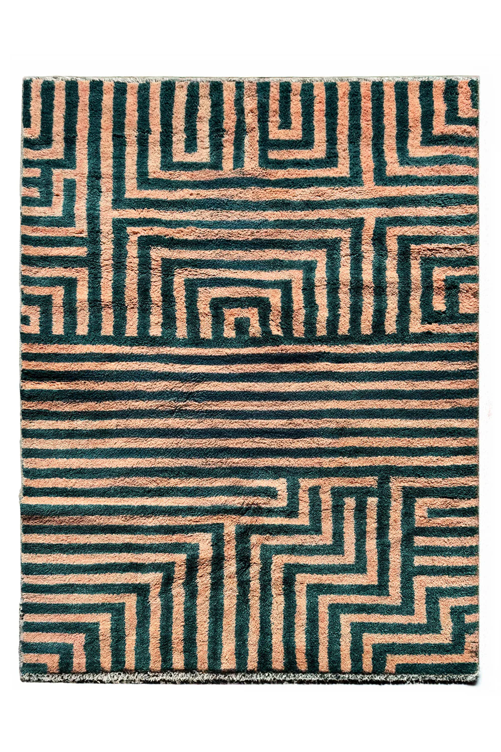 Green and Peach Maze Moroccan Shag Wool Rug - Image 9