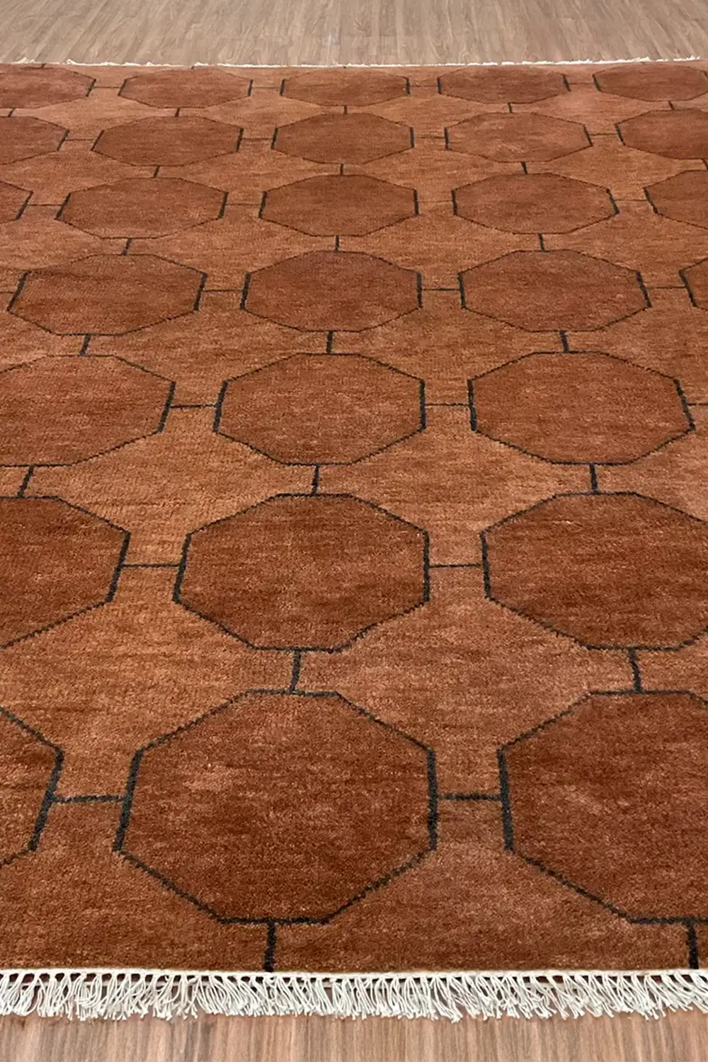 Brown Octagon Link Hand-Knotted Wool Rug - Image 4