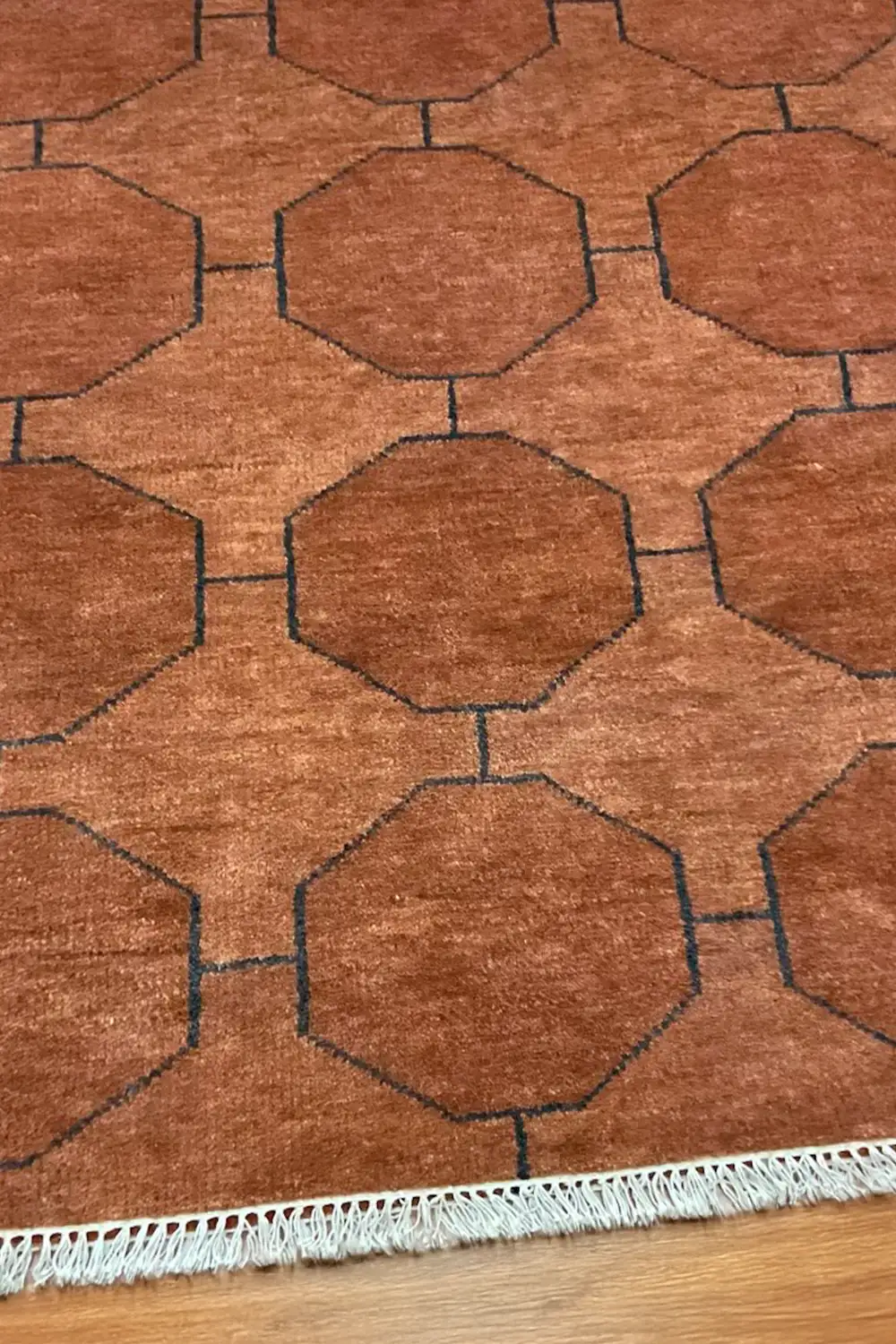 Brown Octagon Link Hand-Knotted Wool Rug - Image 6