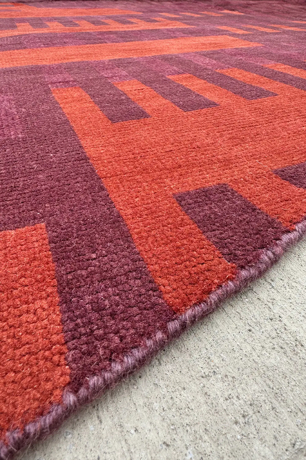 Red Interval Hand-Knotted Corner Wool Rug - Image 4