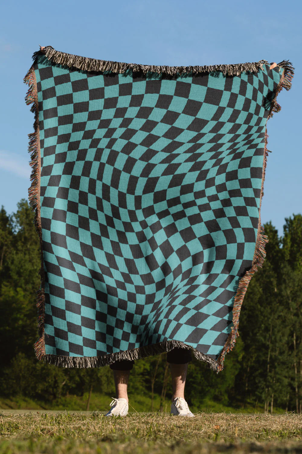 Trippy Checkers Black and Blue Cotton Woven Throw Blanket