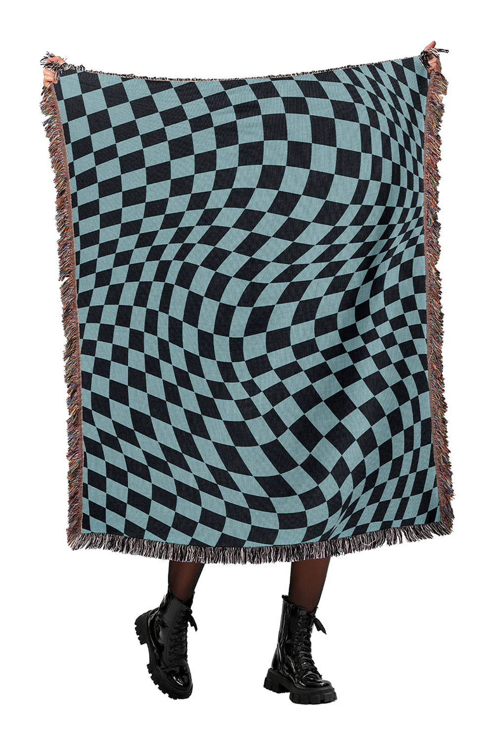 Trippy Checkers Black and Blue Cotton Woven Throw Blanket - Image 2